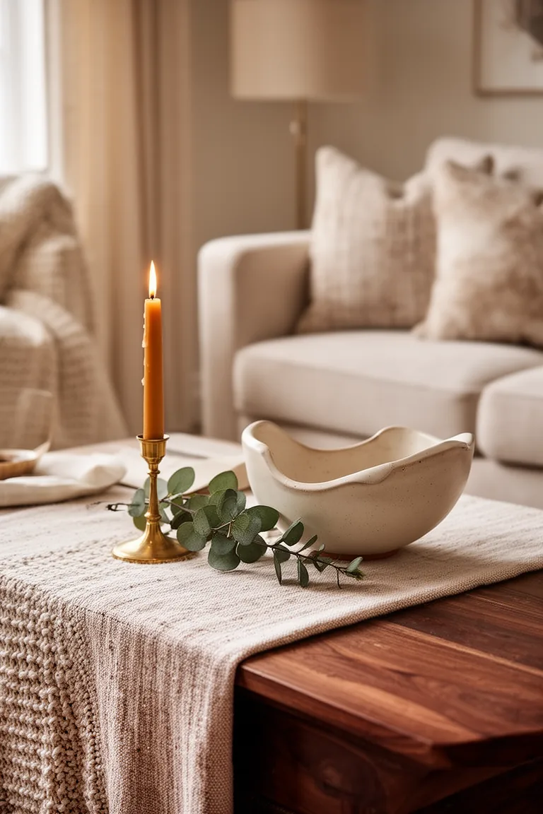 Brass taper candle with a ceramic bowl and eucalyptus on a coffee table