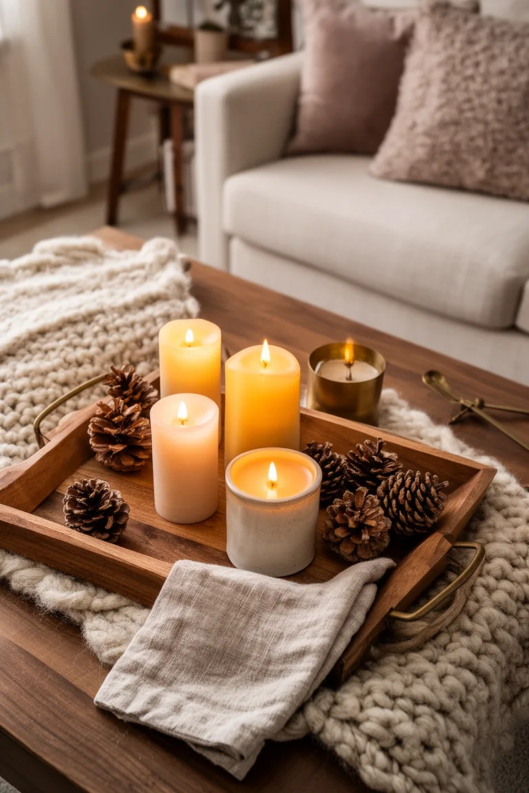 Overhead votive candles on a wooden tray with pinecones on a coffee table