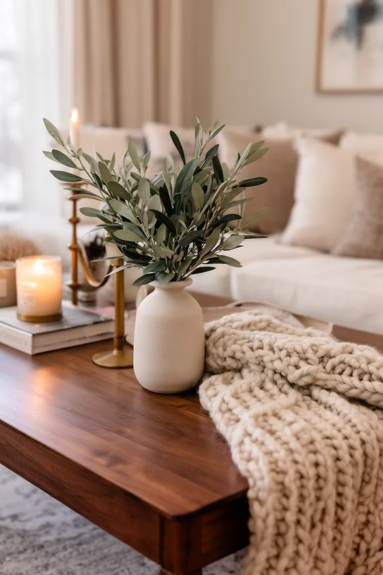 Ceramic vase with eucalyptus and olive branches on a coffee table