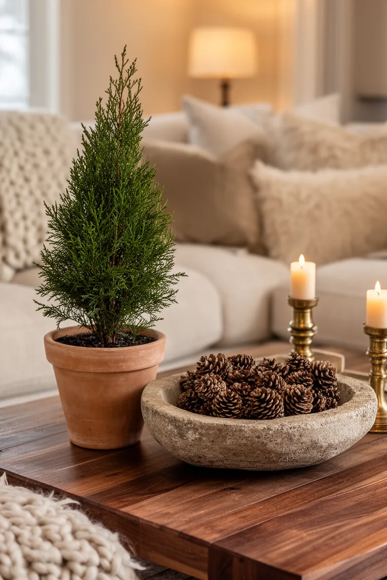 Petite cypress topiary and a stone bowl of pinecones on a coffee table