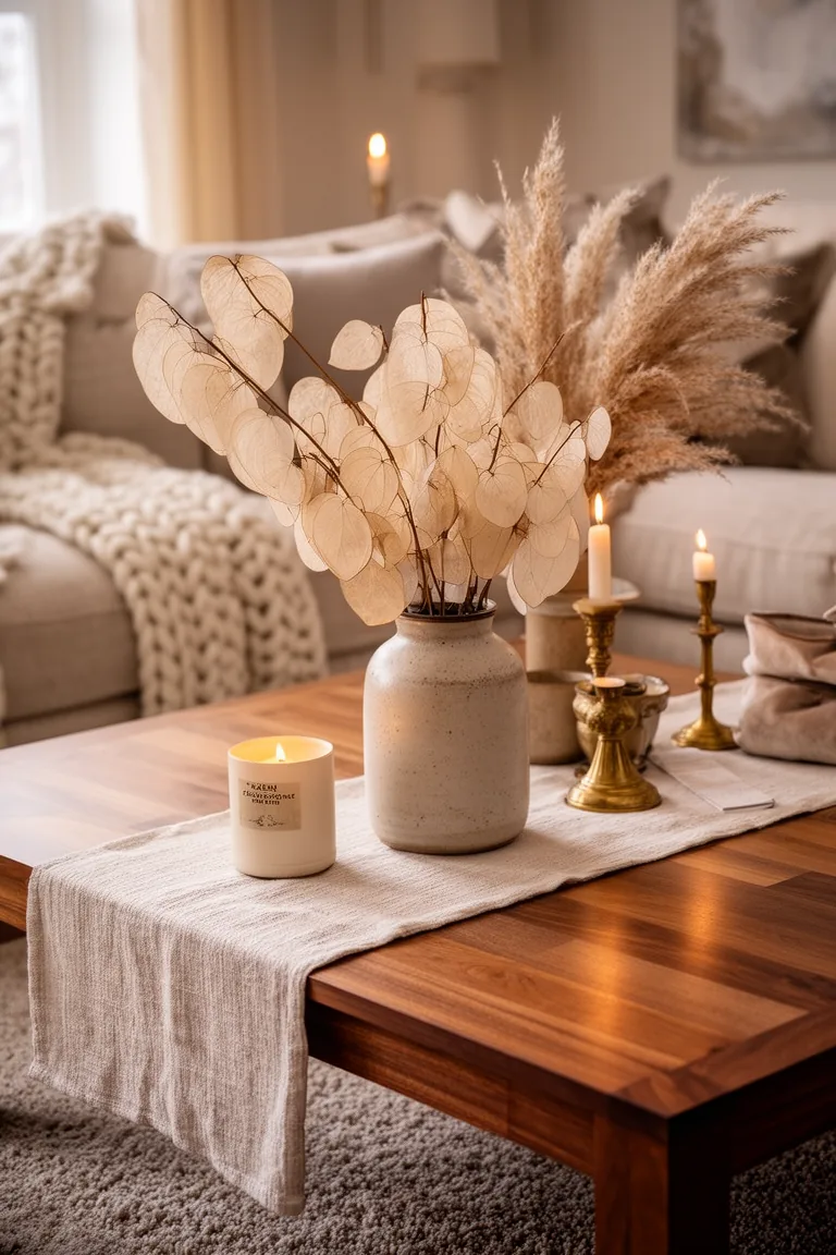 Dried lunaria and pampas stems in a stoneware vessel with a candle