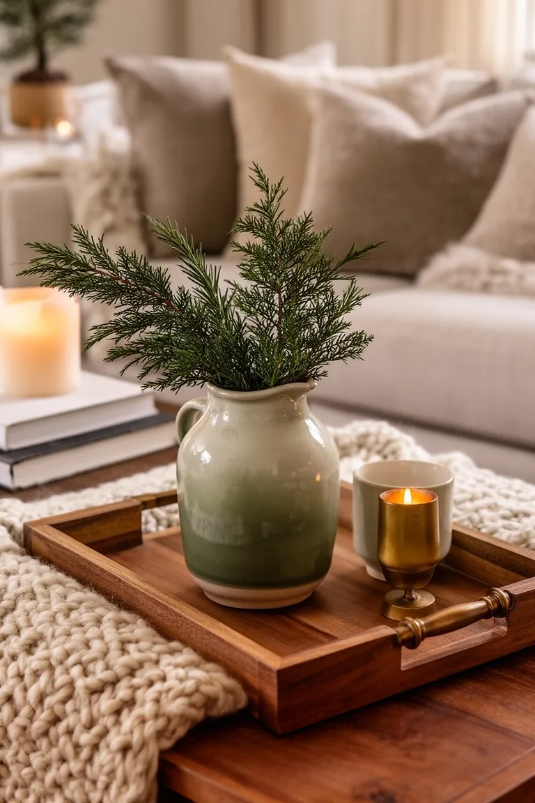 Cedar and rosemary sprigs in a ceramic jug on a coffee table tray
