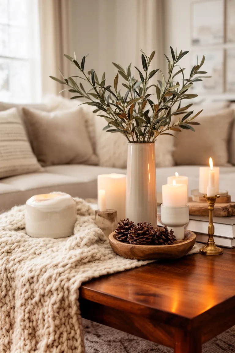 Minimalist greenery vignette with olive branches and pinecones