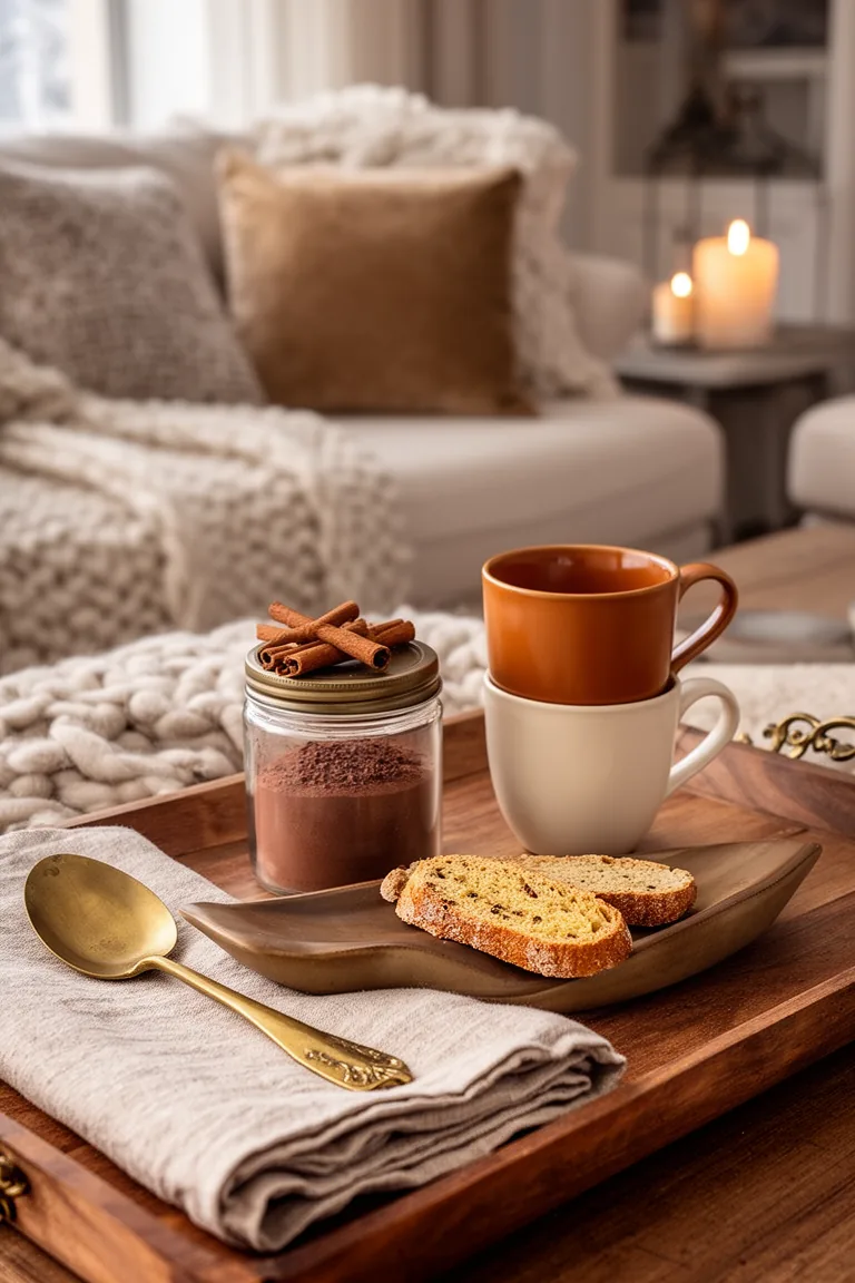 Hot drink station with cocoa jar, ceramic mugs and biscotti on a tray