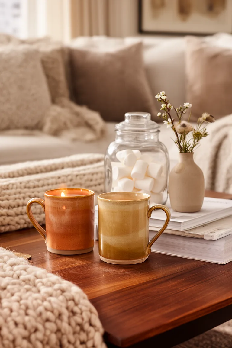 Hand-thrown ceramic mugs with a jar of marshmallows on a coffee table