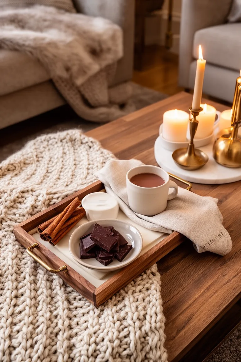 Overhead cozy cocoa tray with cinnamon sticks and chocolate squares