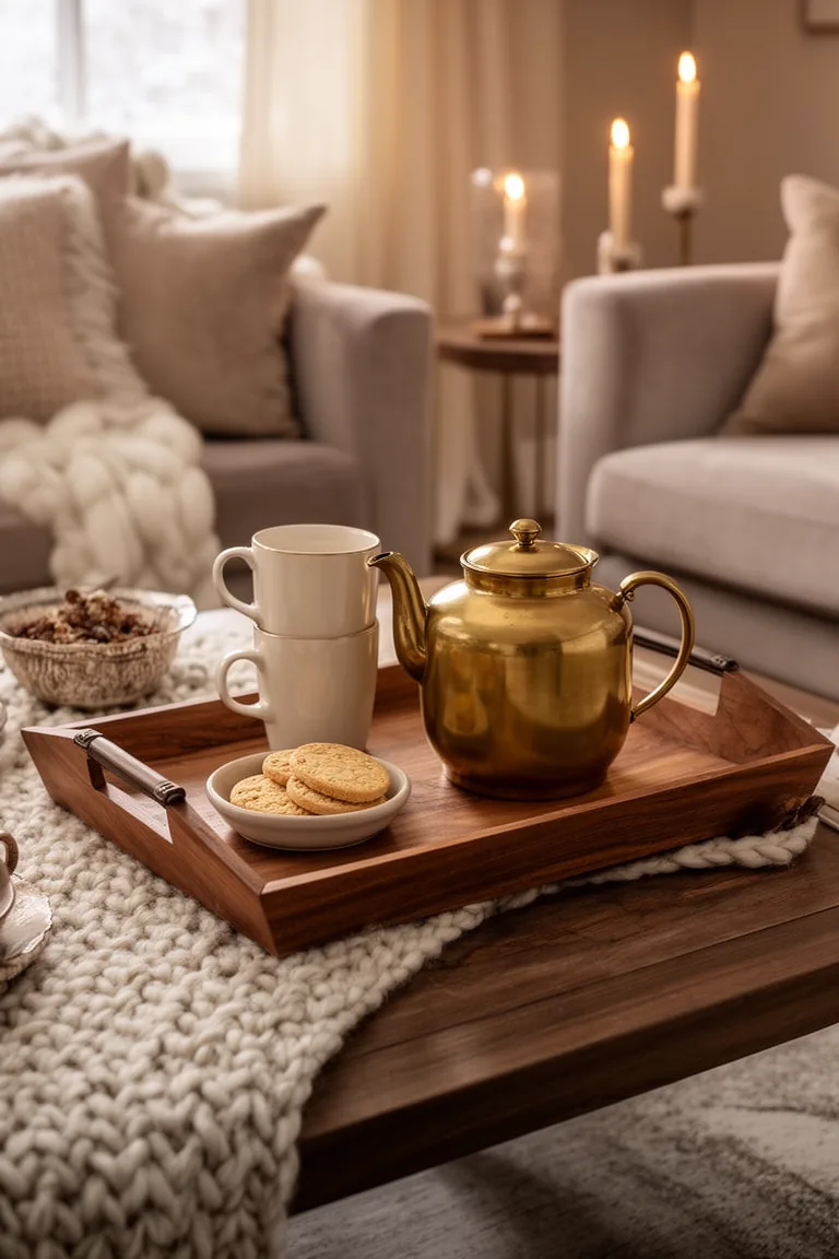 Wood tray with a teapot, cream mugs and shortbread on a coffee table