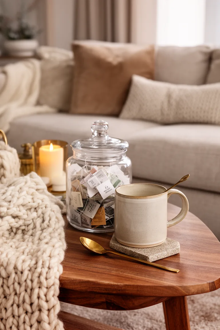 Coffee table drink corner with a tea jar, mug and brass spoon