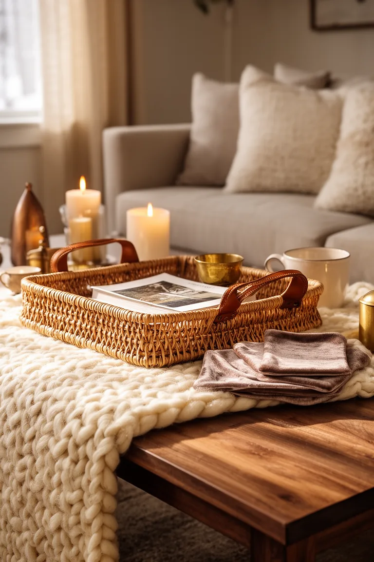 Coffee table layered with chunky knit mat, rattan tray and velvet coasters