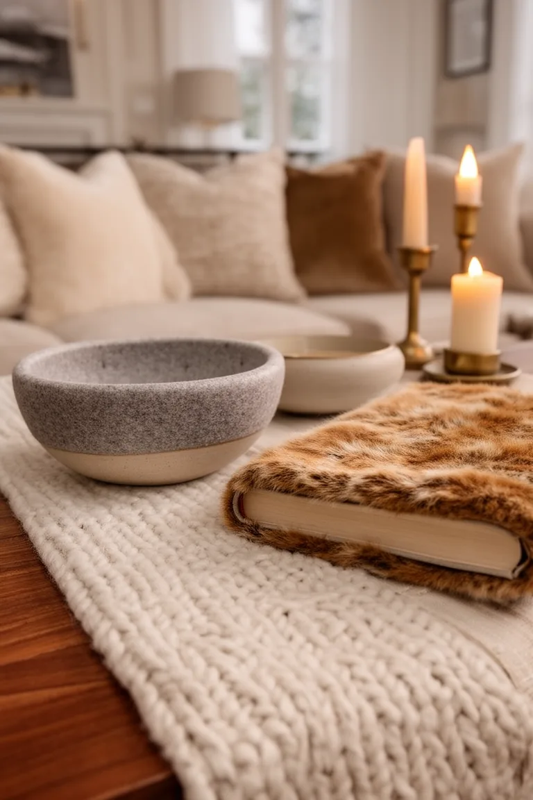 Felt-lined ceramic bowl and faux fur accent on a linen runner