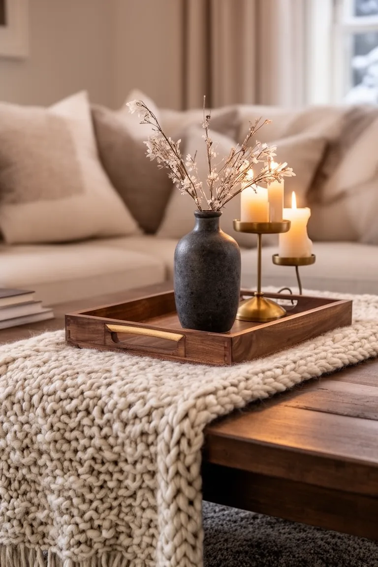 Coffee table with chunky knit runner, wooden tray and charcoal vase