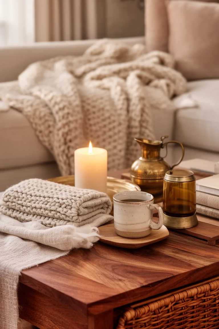 Tactile coffee table vignette mixing linen, wool and rattan textures