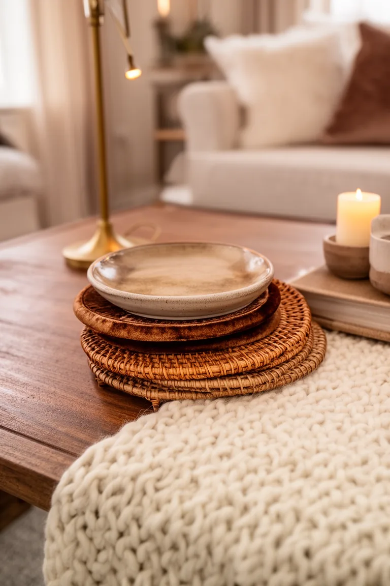 Overhead detail of woven rattan and velvet coasters on a cream knit surface
