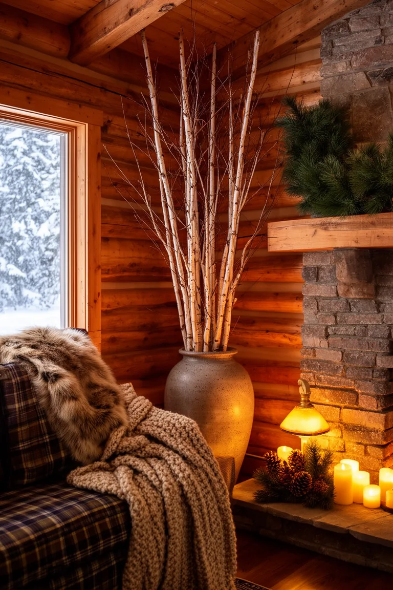 Tall bare branches in a stoneware vase in a warm cabin corner