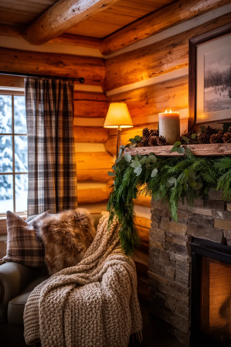 Cedar and eucalyptus garland on a rustic shelf with pinecones