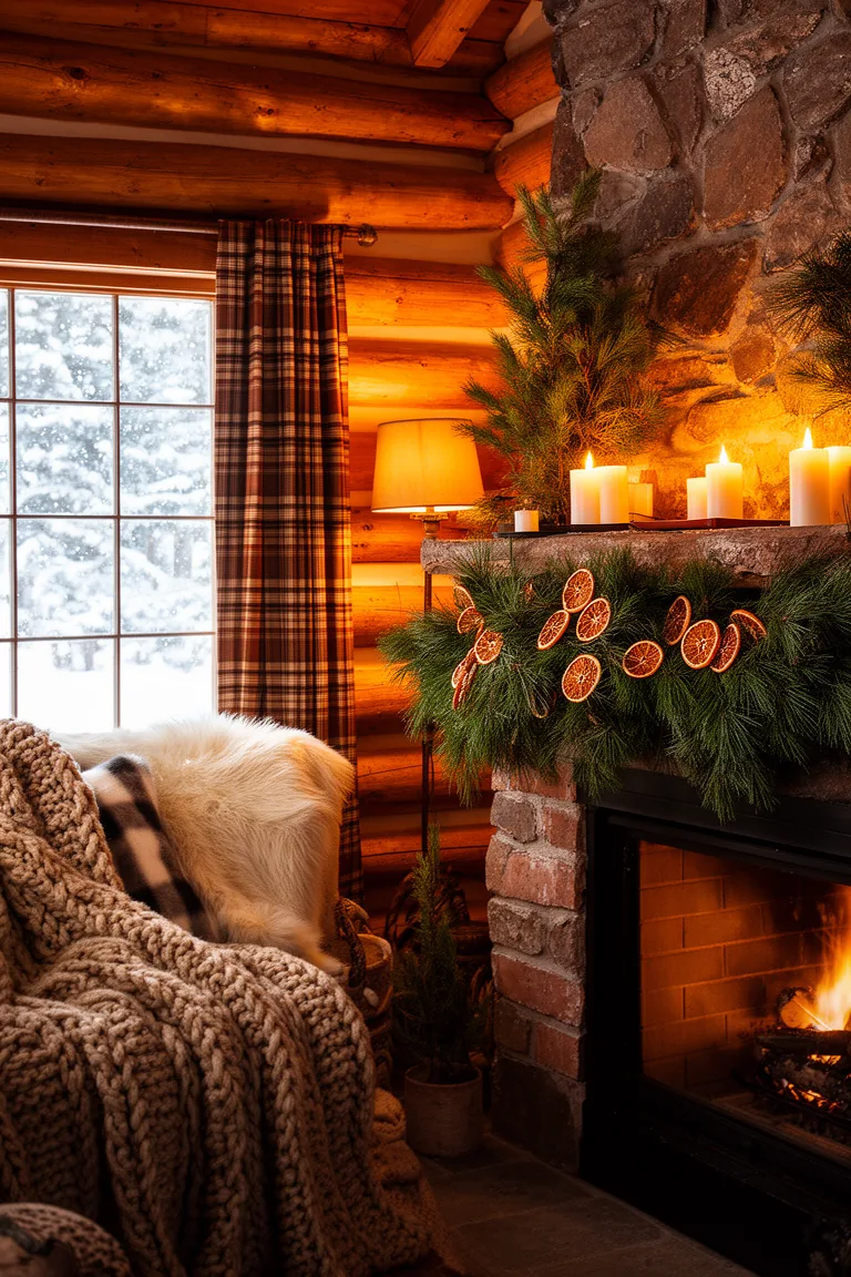Winter mantel with pine garland, dried orange and pillar candles