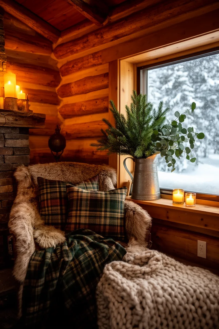 Evergreen branches in a pitcher on a snowy cabin windowsill