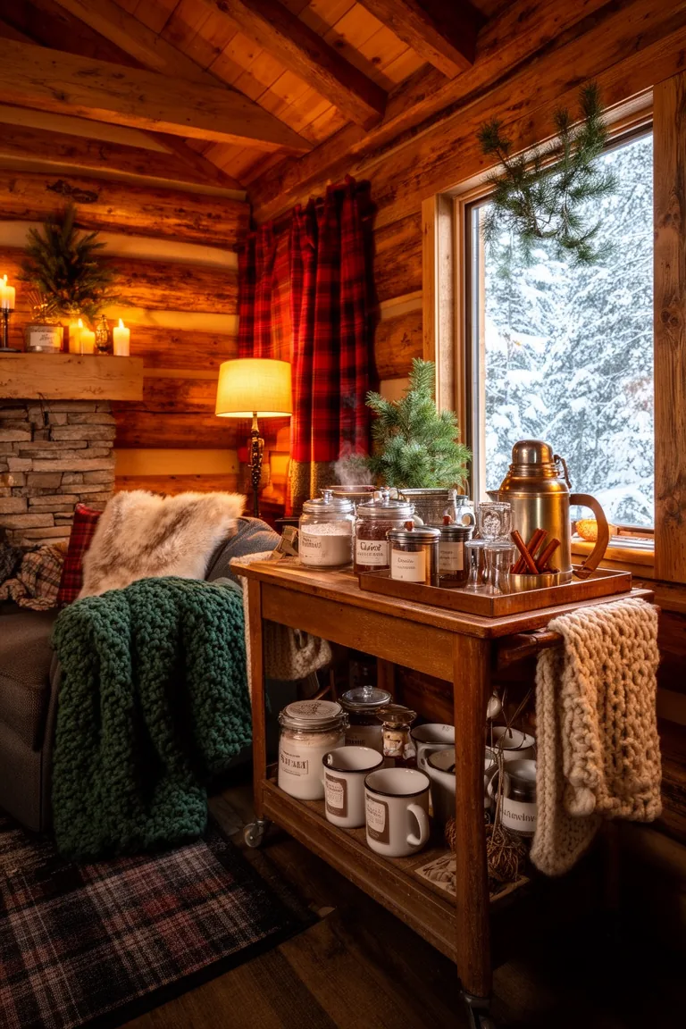 Cabin hot drink station with mugs, canisters and cinnamon sticks
