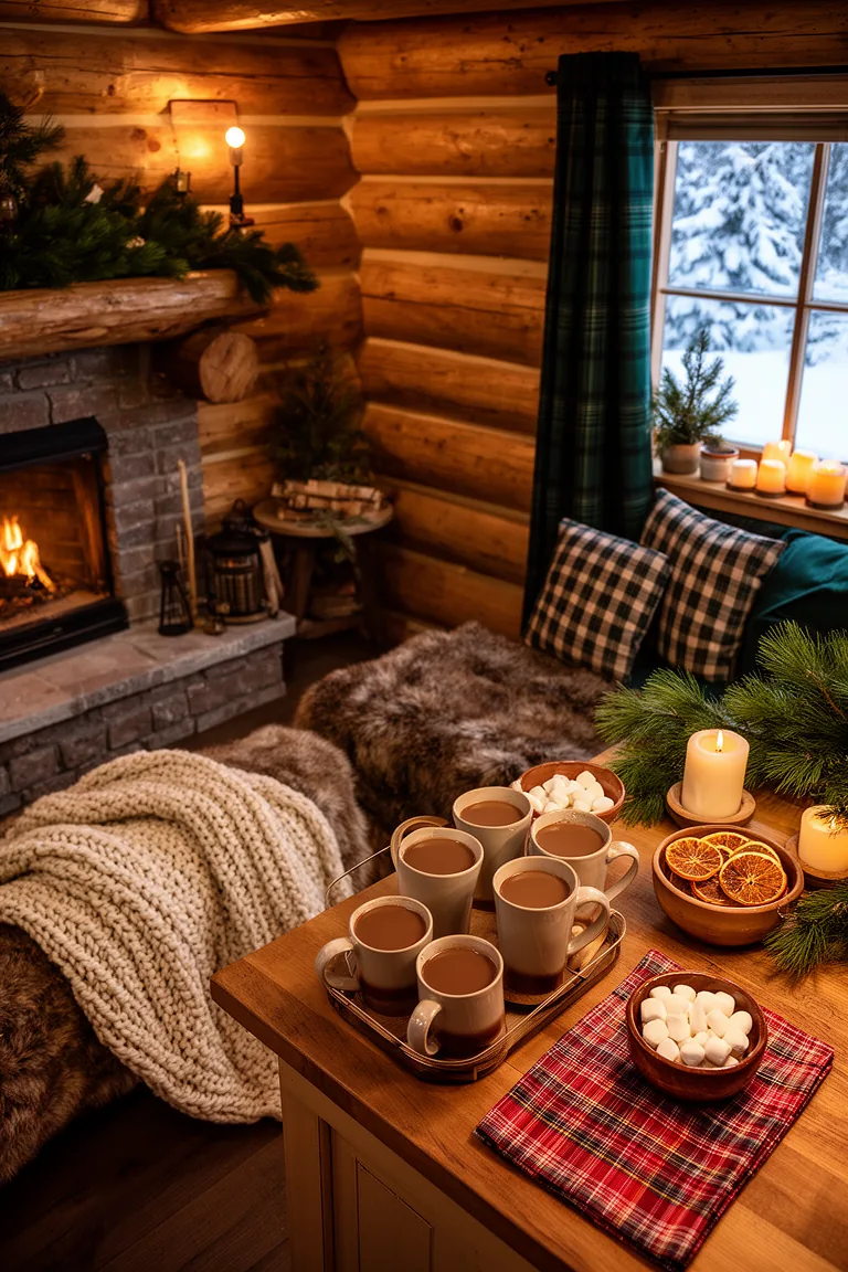 Overhead cocoa station with marshmallows, dried orange and plaid napkin
