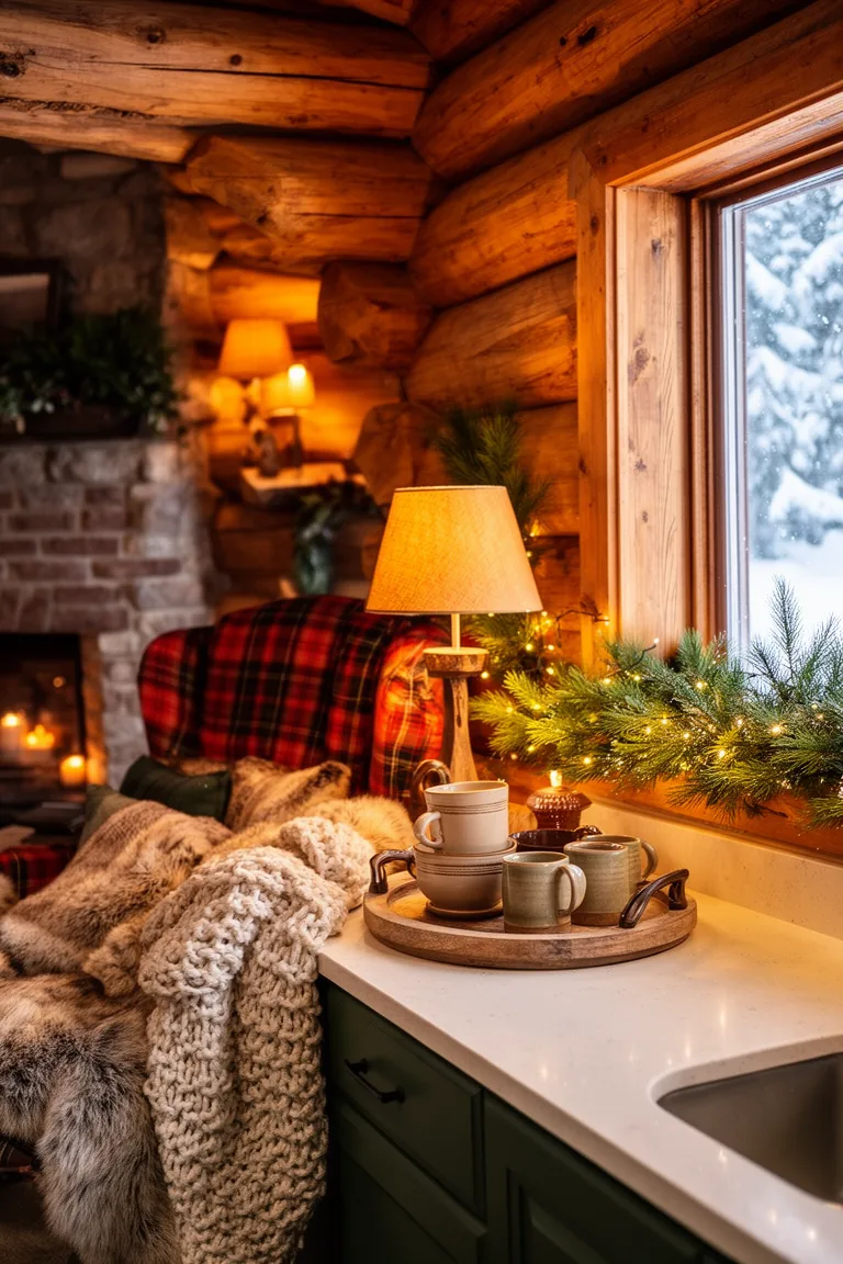 Kitchen coffee corner with mugs, a warm lamp and twinkle lights