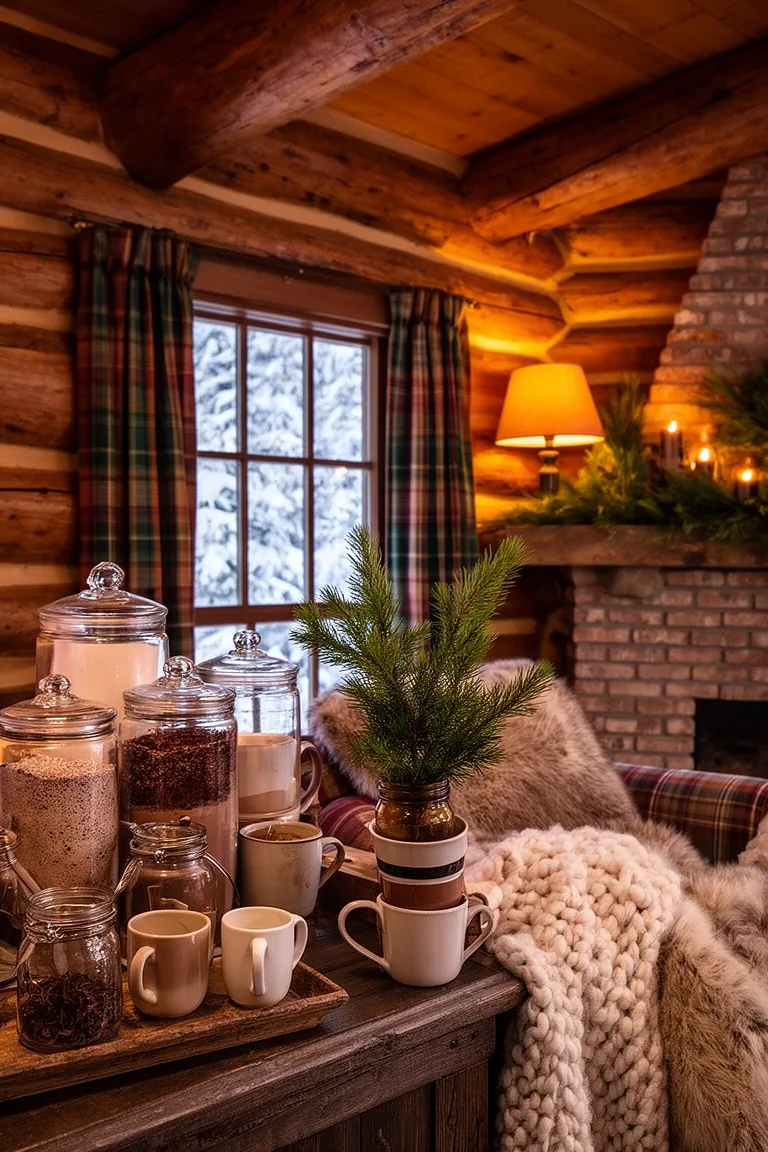 Rustic beverage bar with cocoa canisters, mugs and a pine sprig