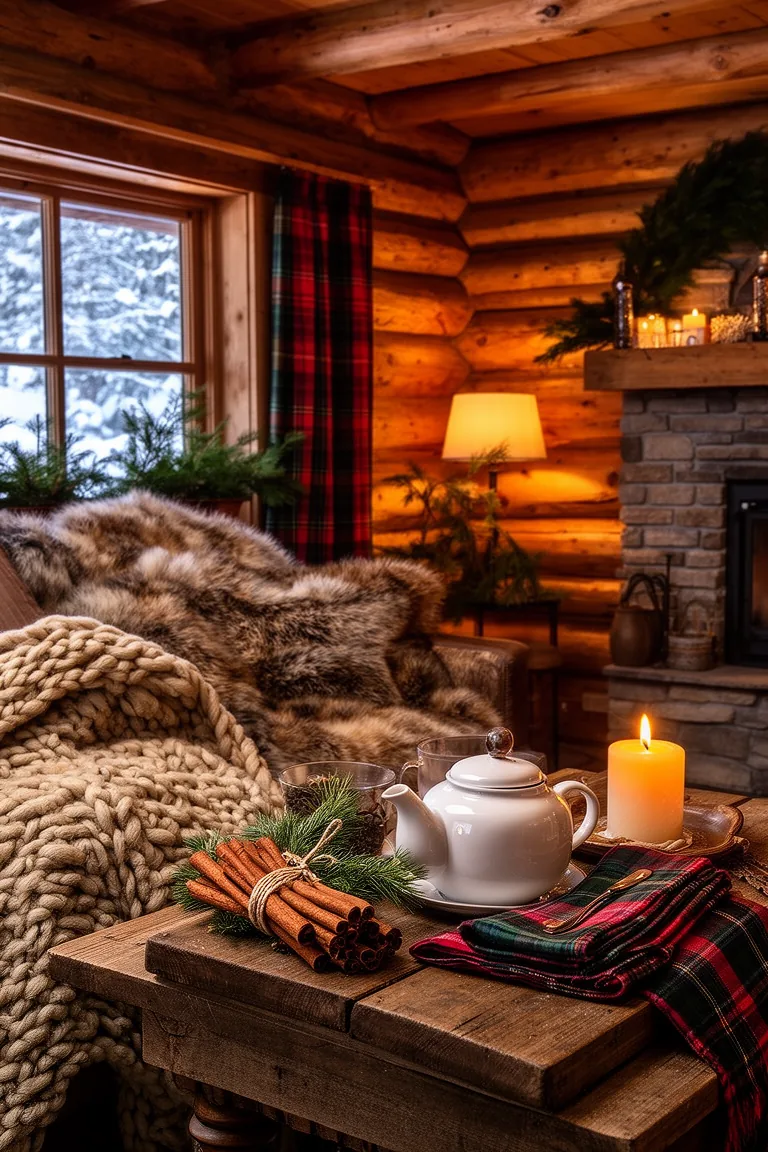Tea station with teapot, plaid napkins and cinnamon sticks
