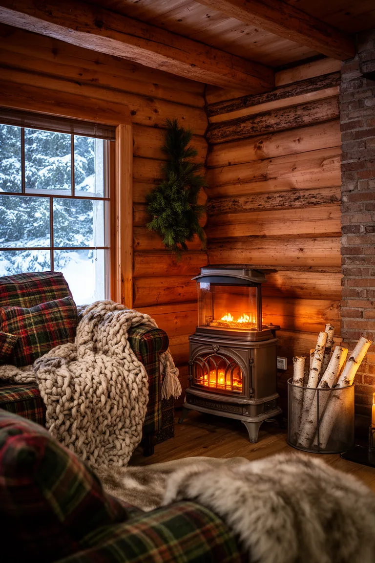 Cabin living room with a vintage electric stove heater and birch logs