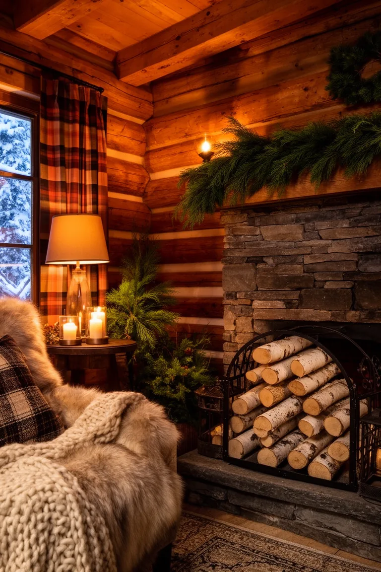 Stone fireplace with stacked birch logs and a cedar garland