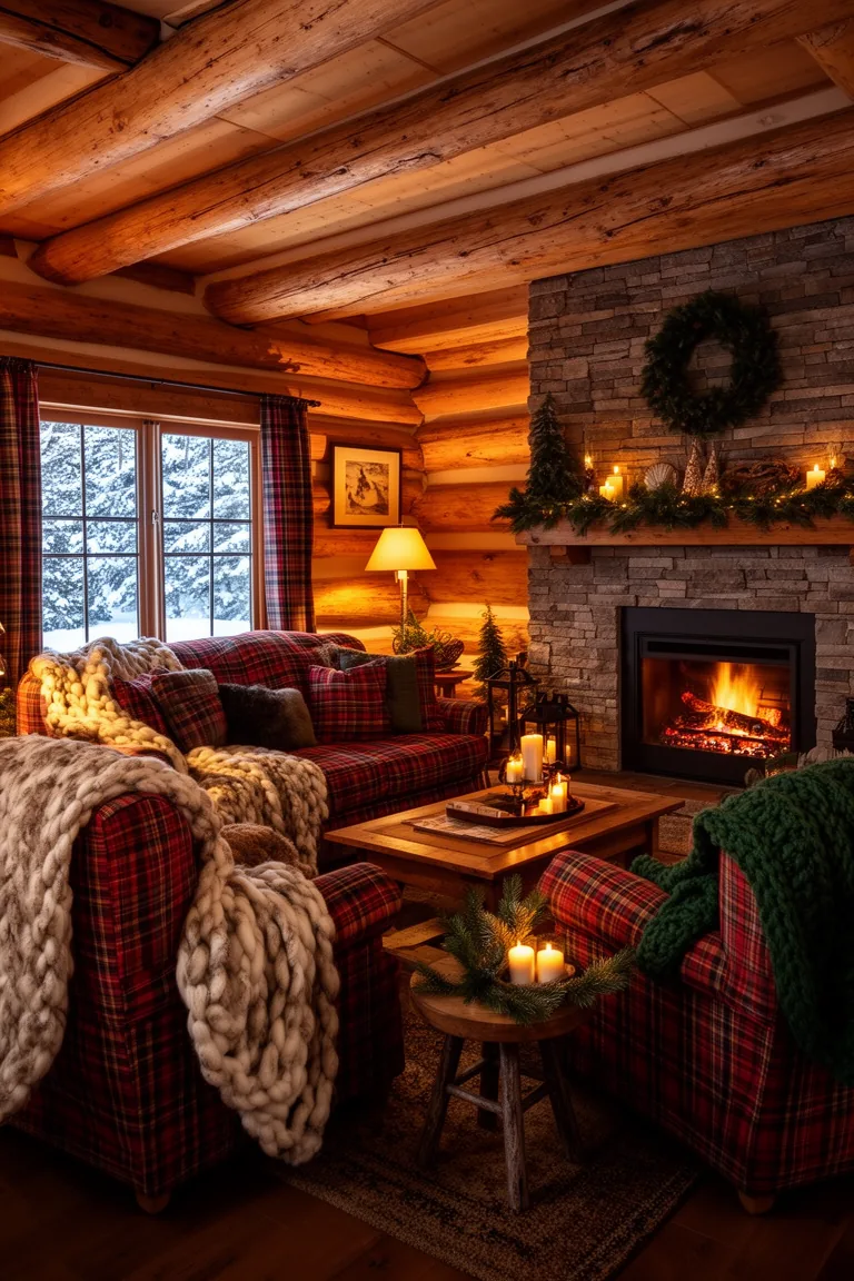 Cabin seating arranged in a semicircle around a glowing faux fireplace