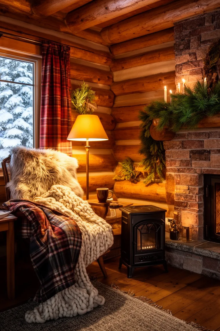 Warm cabin corner with a portable electric fireplace and plaid throw