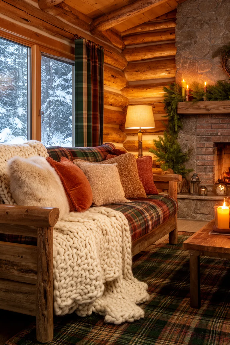 Cabin sofa layered with chunky knit throw, plaid blanket and mixed pillows