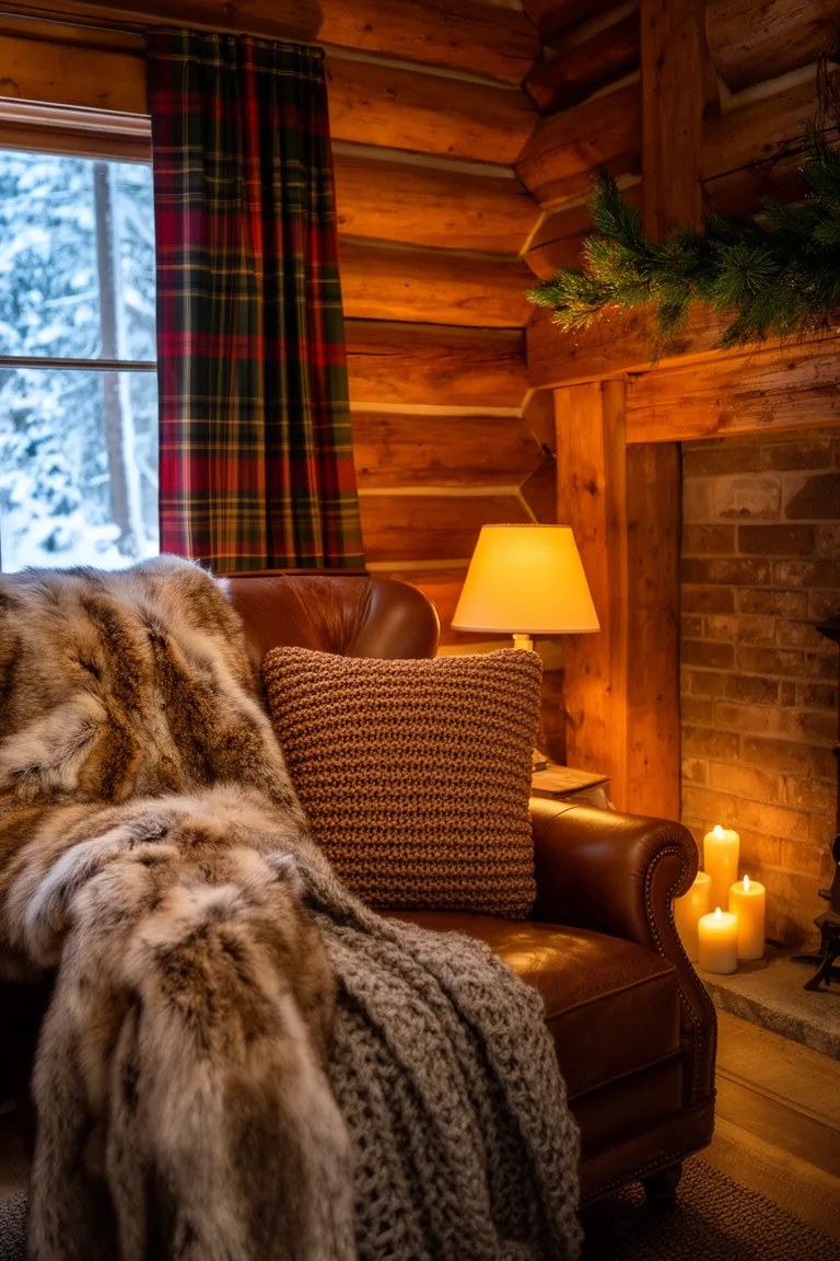Faux fur and wool throws layered on a leather cabin armchair