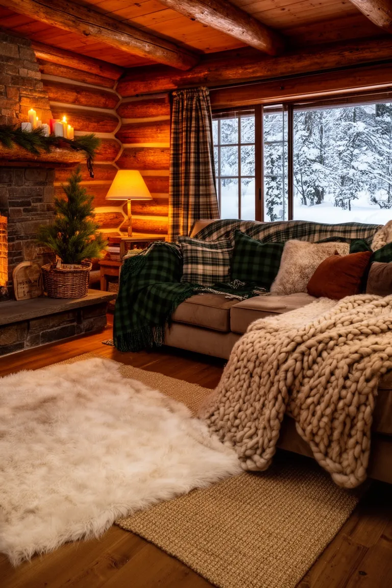 Plush rug layered over a jute rug on a warm cabin wood floor