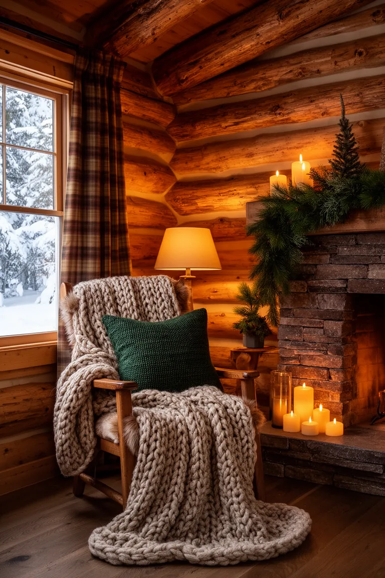 Cozy cabin nook with chunky knit blanket and wool pillow