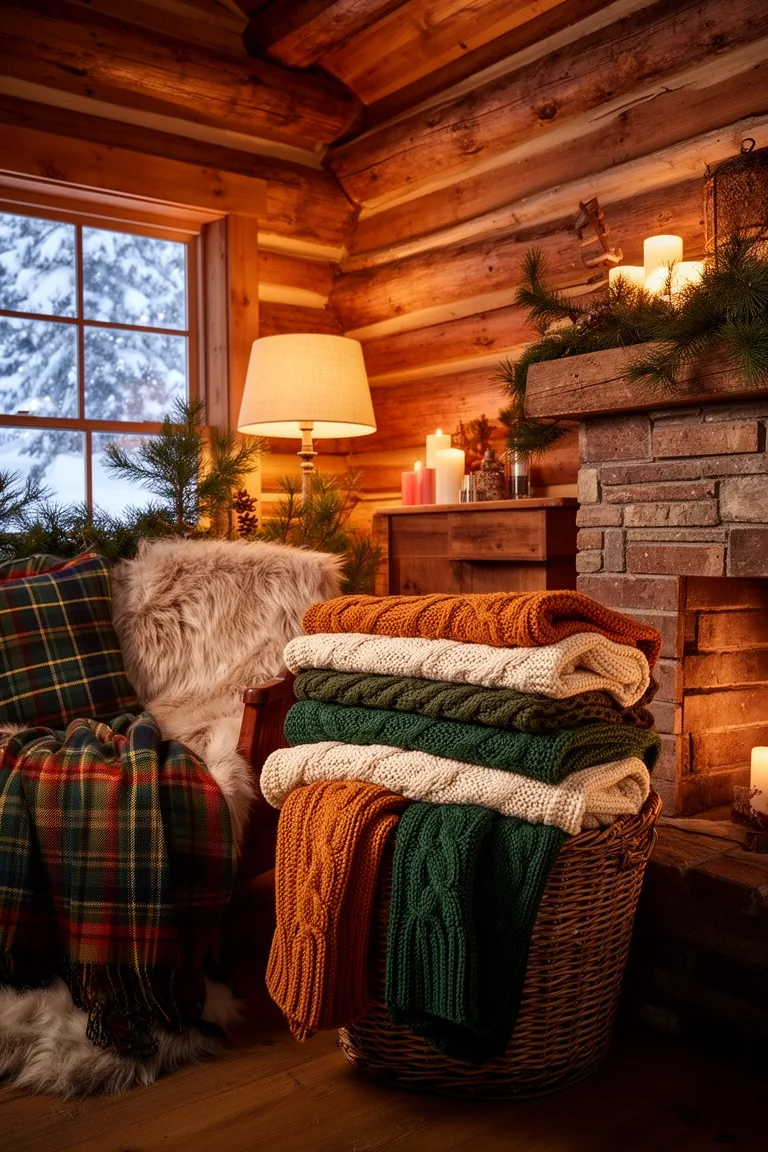 Folded plaid and cable knit throws in a basket by a wood wall