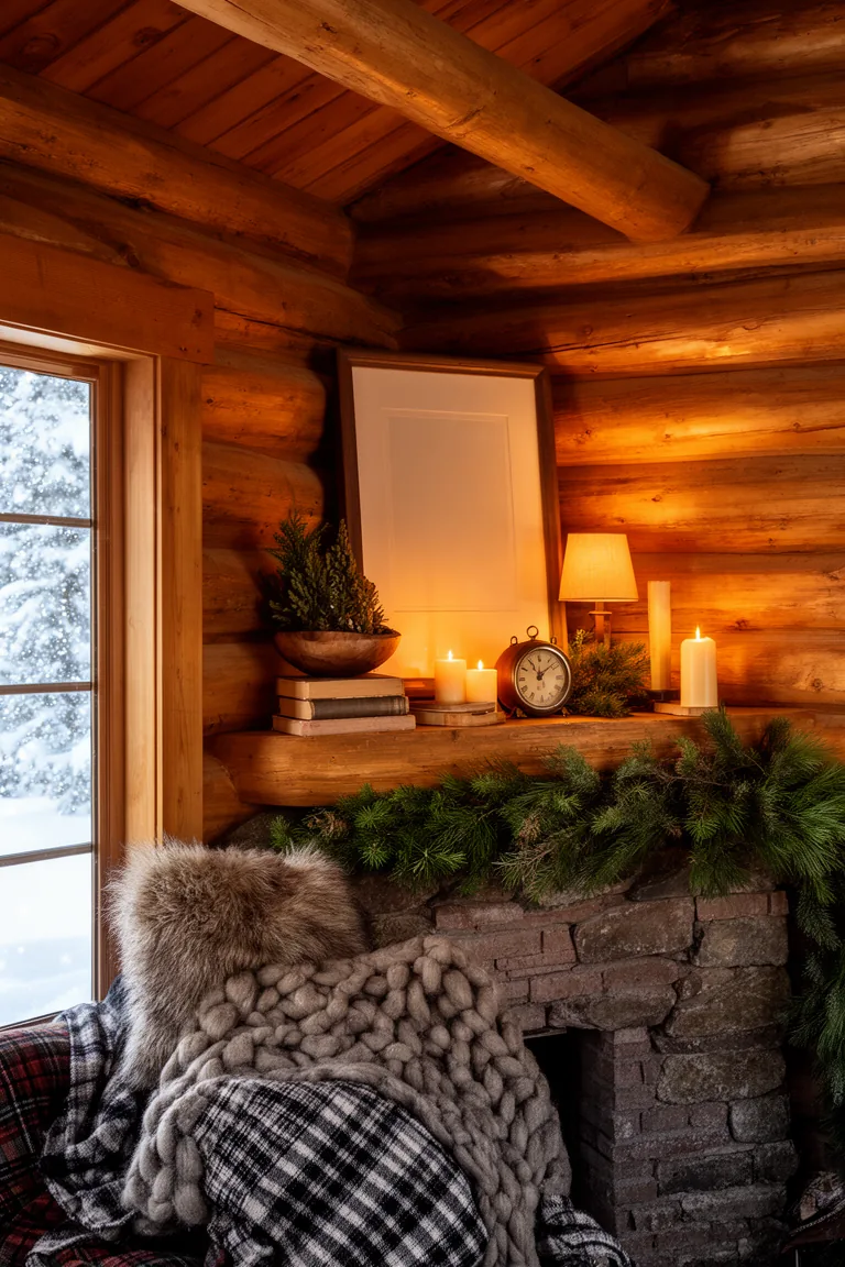 Curated cabin mantel vignette with framed print, books and candles