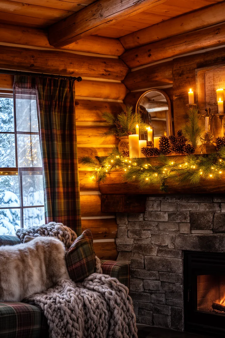Shelf vignette with mirror, pinecones, candles and micro lights