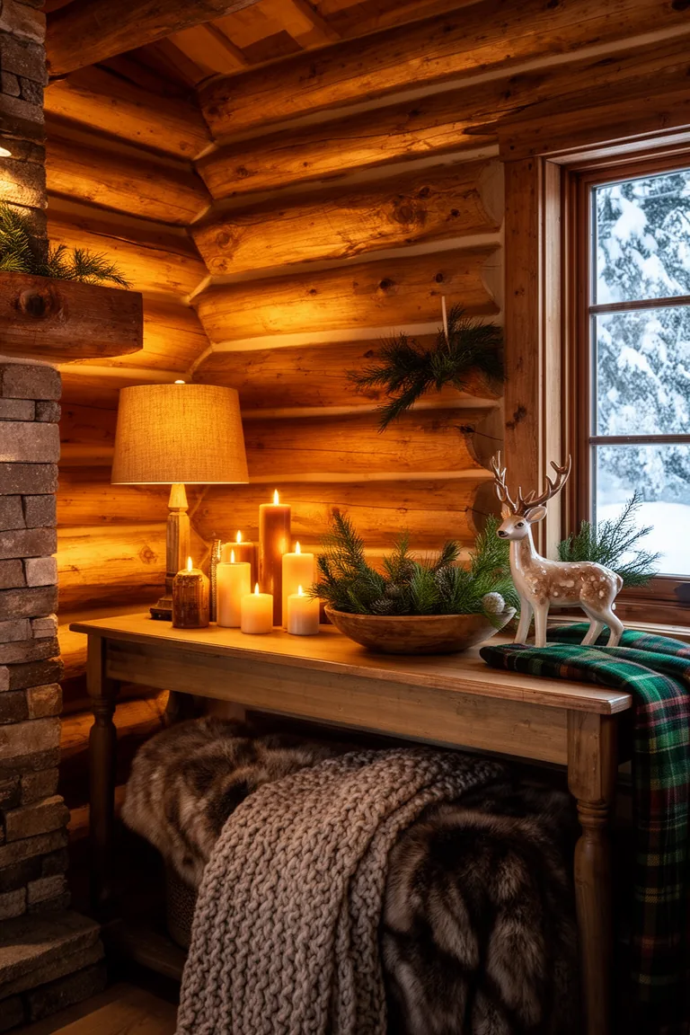 Console vignette with candles, greenery and a small ceramic deer