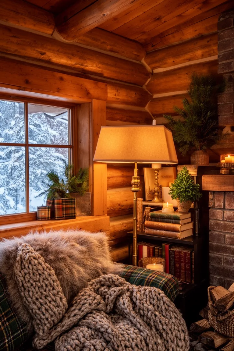 Bookshelf winter vignette with books, brass candlestick and evergreen