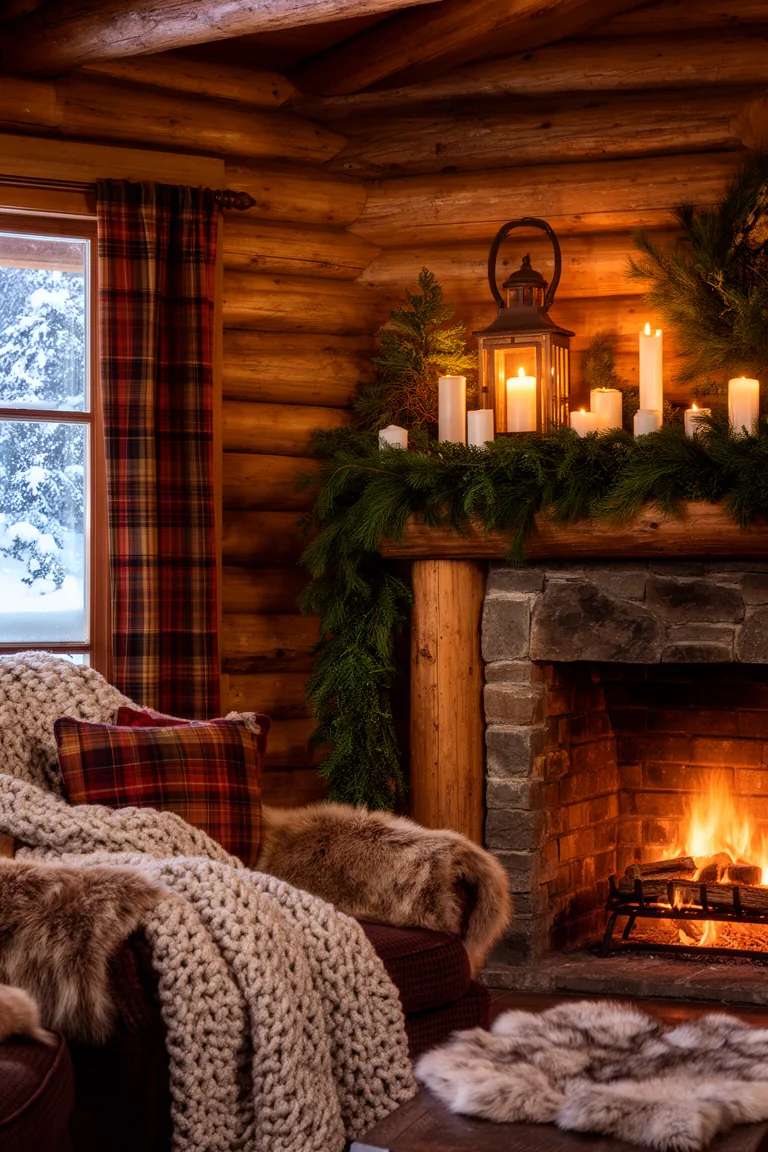 Mantel with greenery garland, white candles and a glowing lantern