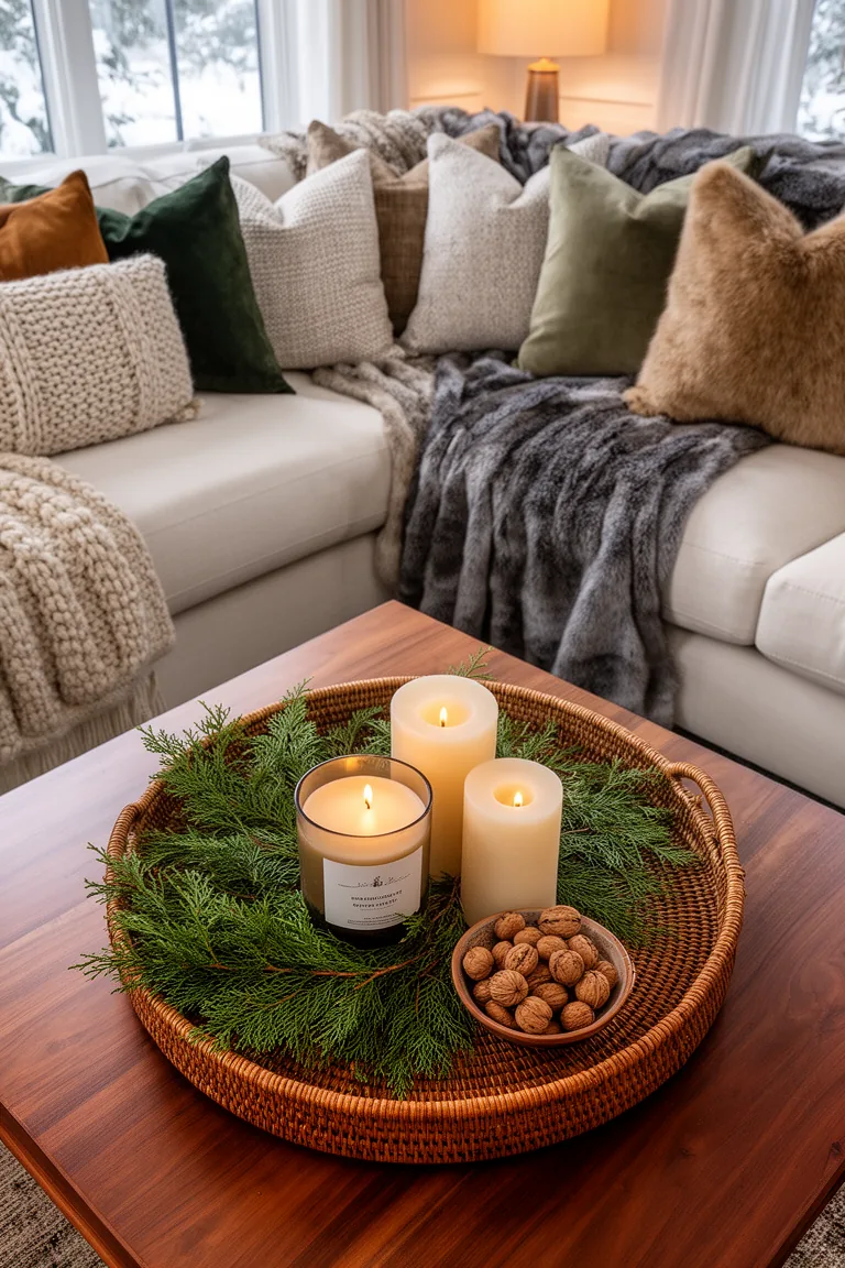 Coffee table tray with candles, cedar clippings and a bowl of walnuts