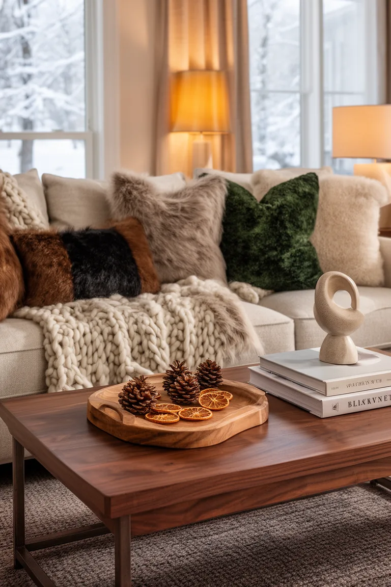 Coffee table tray with dried orange slices, pinecones and stacked books
