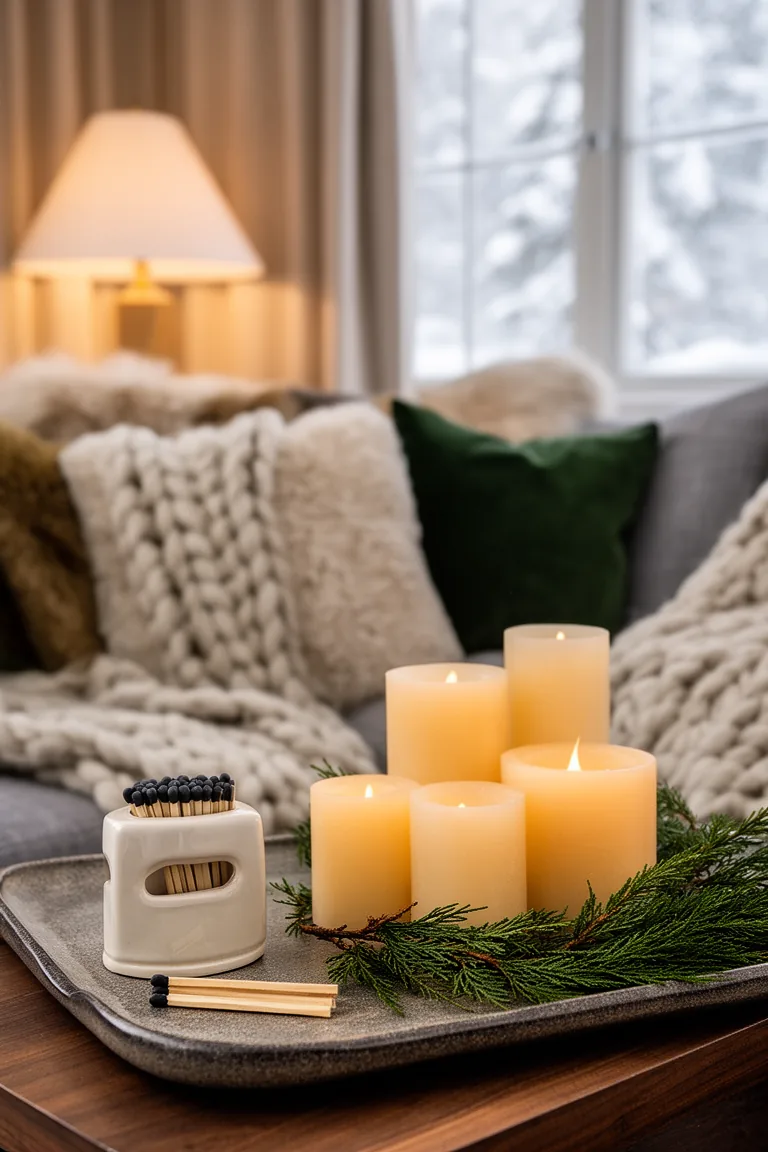 Ceramic match striker beside pillar candles and a cedar sprig on a tray