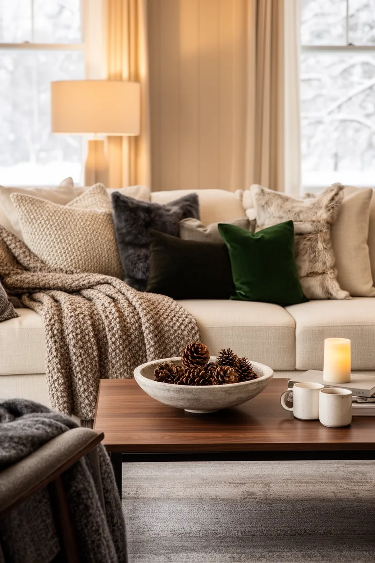 Low coffee table vignette with a stoneware bowl of pinecones and a candle