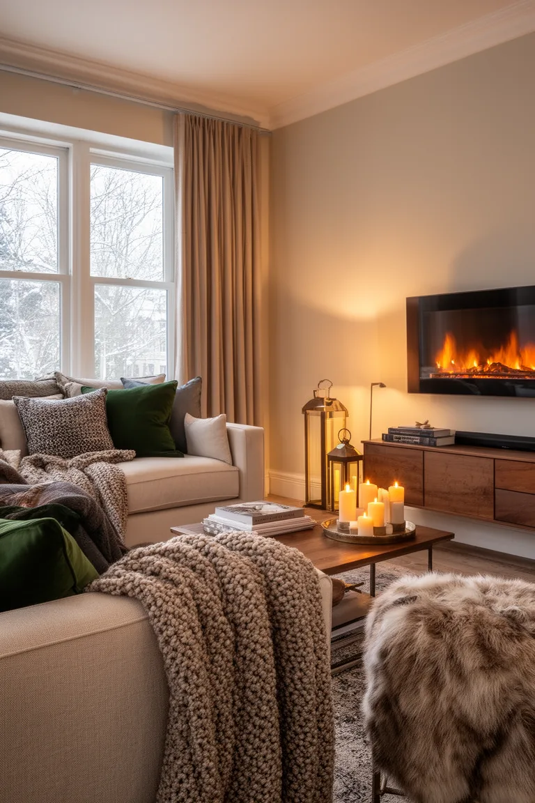 Slim electric fireplace with a candle cluster and floor lanterns