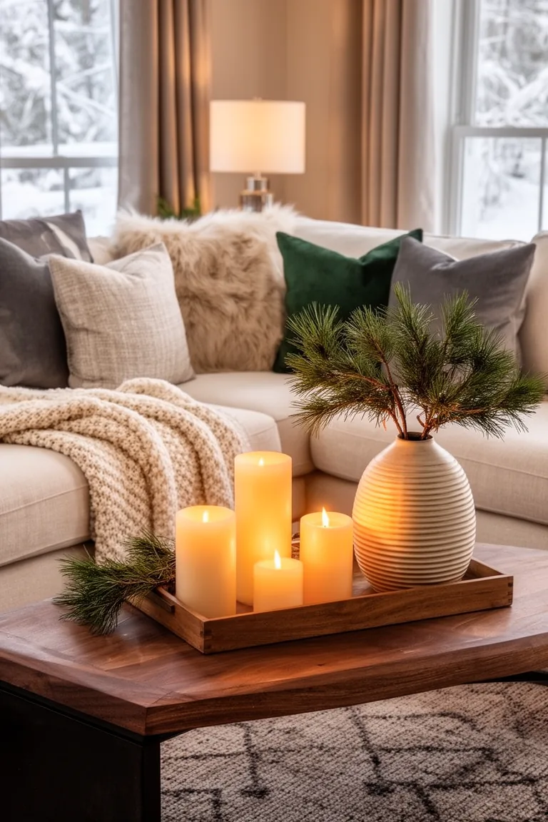 Pillar candle cluster on a tray with pine clippings and a ceramic vase