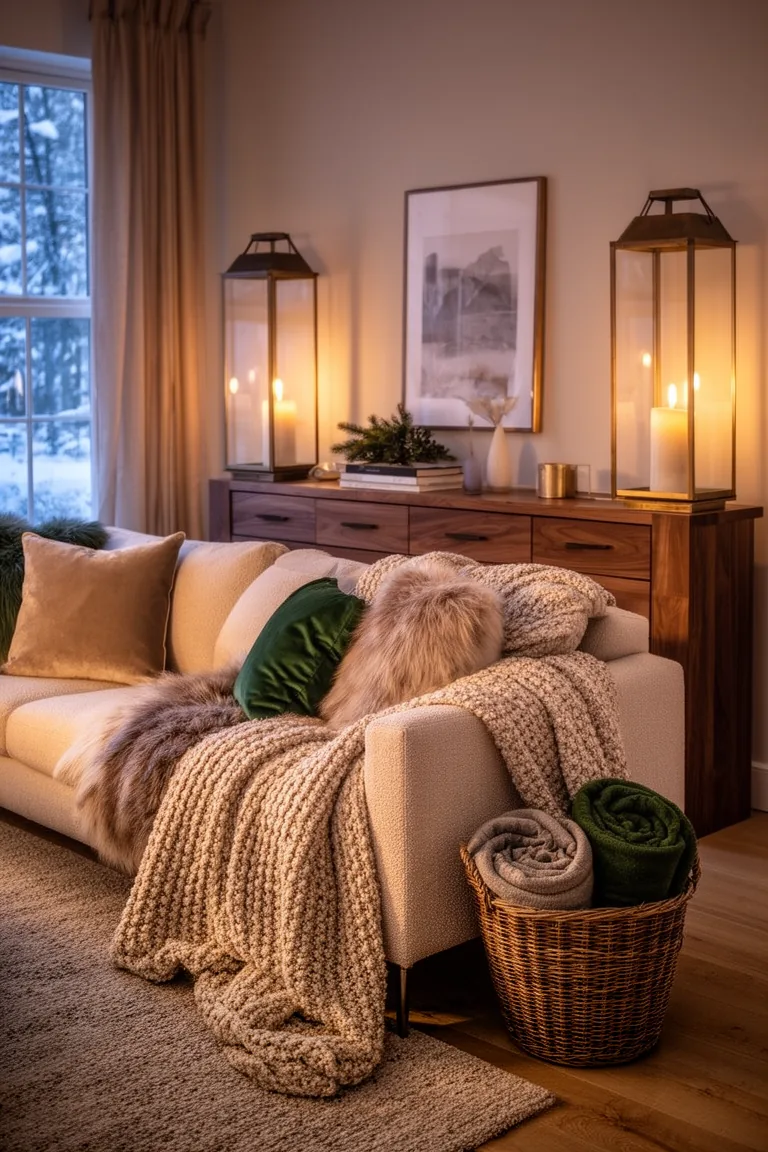 Floor lanterns and a basket of rolled throws in a cozy living room
