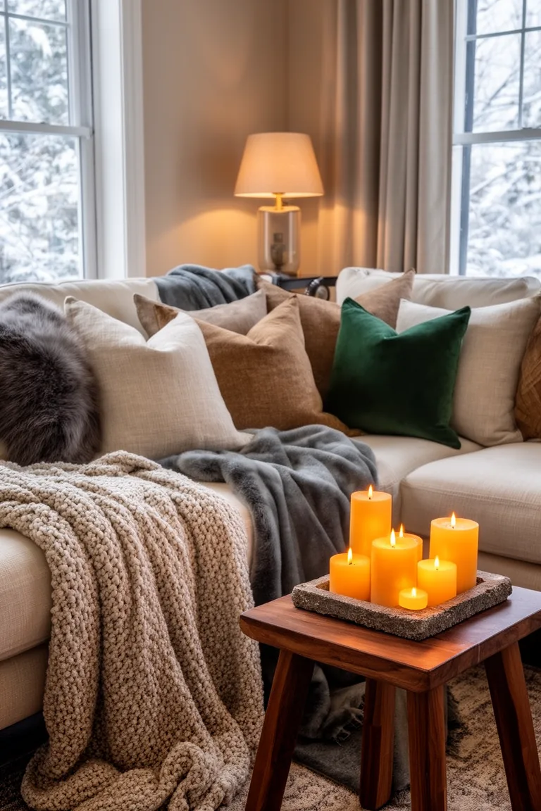 Glowing candle cluster on a stone tray with a draped knit throw