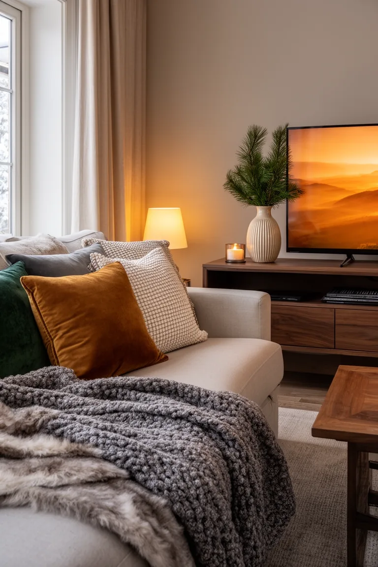 Styled media console with pine clippings and a grooved ceramic vase