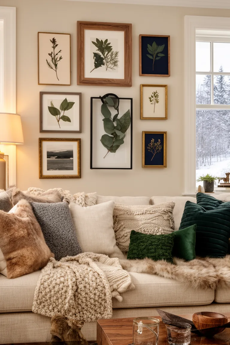 Winter gallery wall in warm neutrals, greens and blues with mixed frames